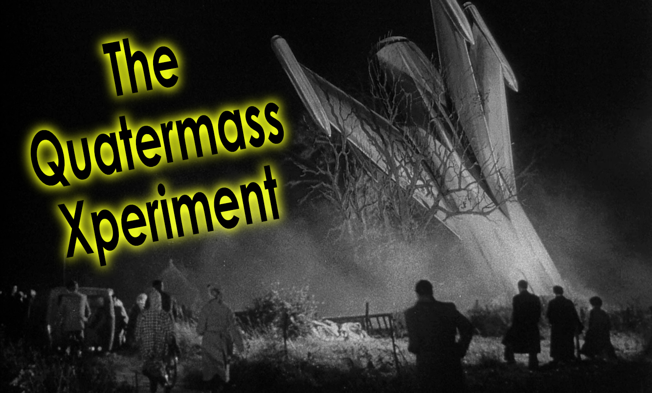 The title "The Quatermass Xperiment" over an image from the film of a crashed rocket.